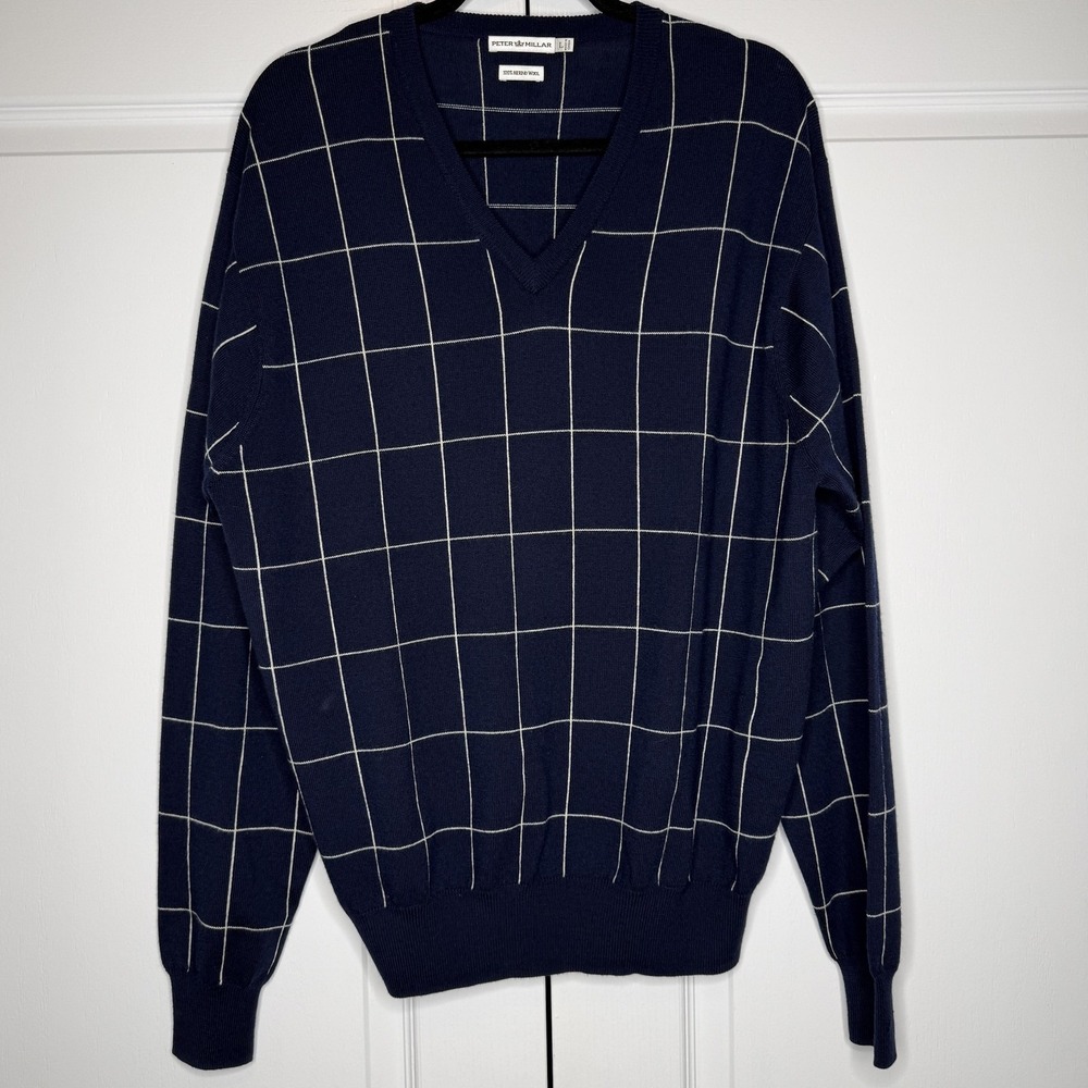 Peter Millar Sweater Mens Large Blue Windowpane Check V Neck 100% Merino Wool